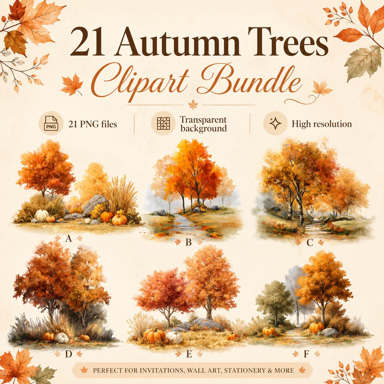 Watercolor Fall Trees Clipart Set, 21 PNG Autumn Forest Designs With ...