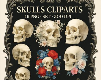 Skull Clipart Set – 16 PNG – Transparent Background – Watercolor Halloween Graphics – High Resolution 300 DPI