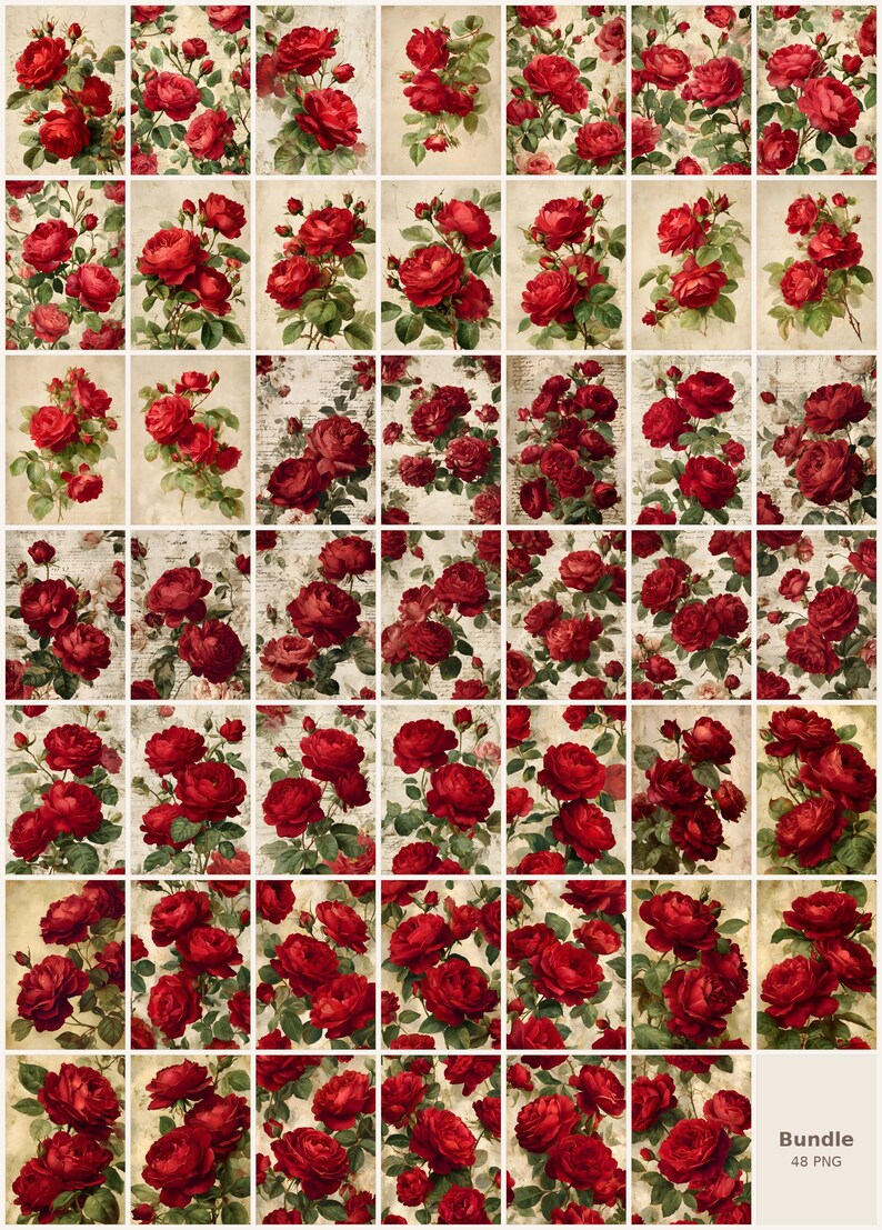 Red Roses Printable Design Sheets, 48 A4 Digital Pages, Floral Junk ...