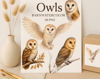 Watercolor Barn Owls Clipart Set: 48 PNG Designs with Transparent Background