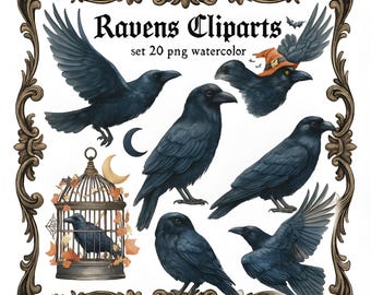 Aquarel raaf clipartset: gotische Halloween-vogels (direct downloaden, 20 png, 300 dpi)