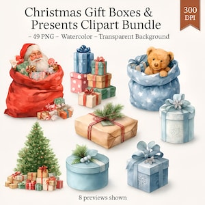 Cajas de regalo navideñas (49 imágenes PNG) – Regalos de acuarela – Fondo transparente – Descarga digital navideña