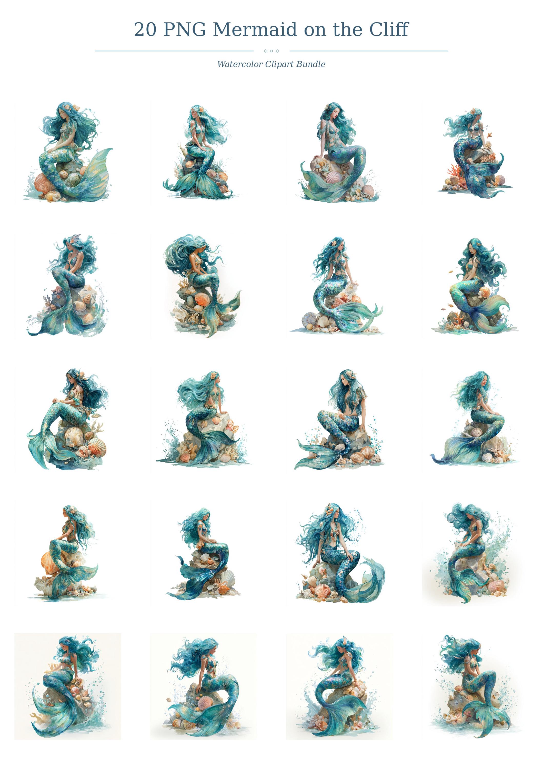20 PNG Watercolor Mermaid Clipart Bundle, Ocean Fantasy Designs With ...