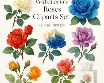 Watercolor Roses Clipart Set: 48 PNG Designs with Transparent Background