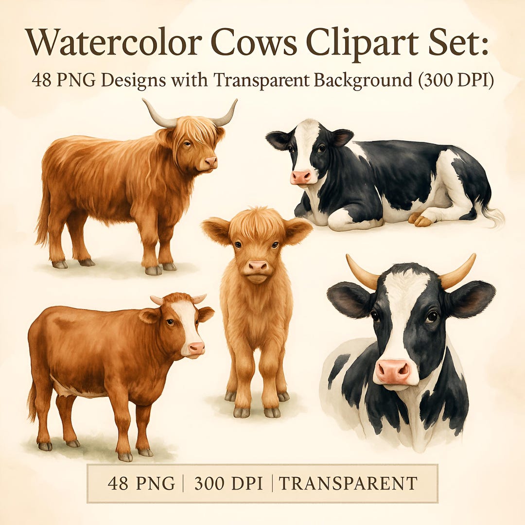 Watercolor Cows Clipart Set: 48 PNG Designs With Transparent Background ...