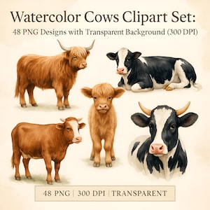 Akvarellkor Clipart Set: 48 PNG-designer med transparent bakgrund (300 DPI)