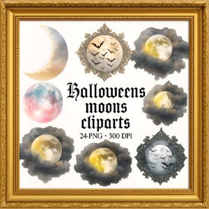 Halloween Moon Clipart – 24 PNG – Transparent – Watercolor Style – High Resolution – 300 DPI