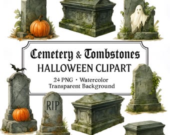 Imágenes prediseñadas de lápidas de Halloween – 24 imágenes PNG espeluznantes – Conjunto de acuarelas de cementerio