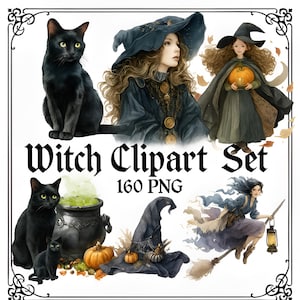 Witches Clipart Bundle – 160 PNG – Halloween Witch Elements – Transparent Background – High Resolution