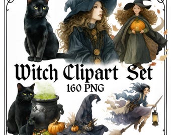 Witches Clipart Bundle – 160 PNG – Halloween Witch Elements – Transparent Background – High Resolution