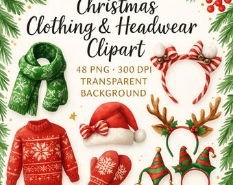 Clipartbundel aquarel kleding en hoofddeksels: 48 png-illustraties (digitale download)