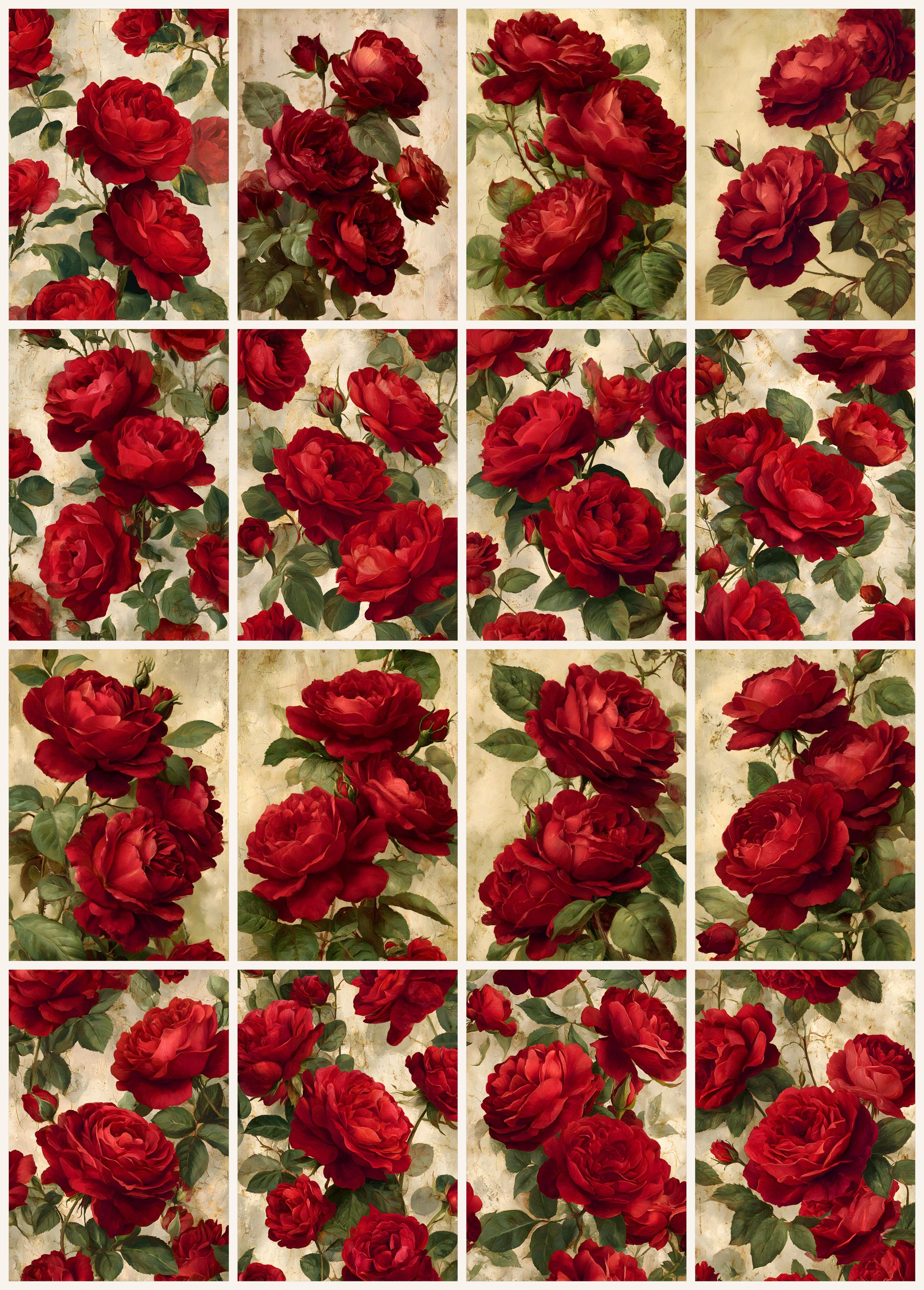 Elegant Red Roses Printable Design Sheets, 16 A4 Digital Pages, Floral ...