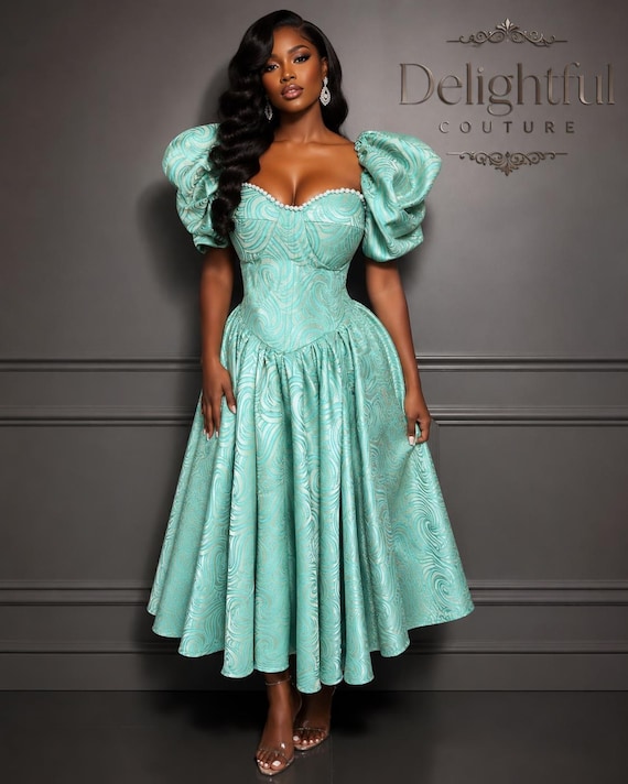 green corset midi dress Teal With Detachable Puff Sleeves | Custom Made Women's Dress long sleeve corset dress