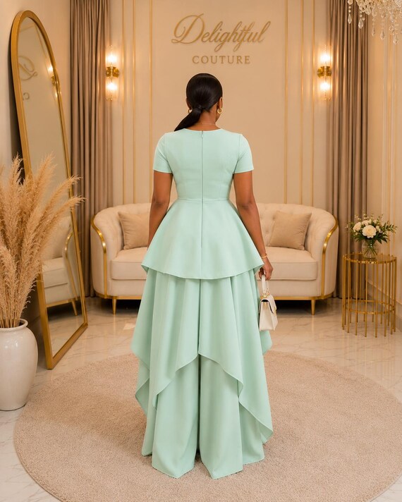 mint green peplum dress Top & Handkerchief Hem | Elegant Outfit Wedding gown