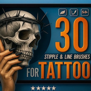 May include: Digital art featuring a detailed skull wearing a thorn crown, with a hand holding the skull. The image includes the text "30 Stipple & Line Brushes for Tattoo" in orange, set against a blue background.