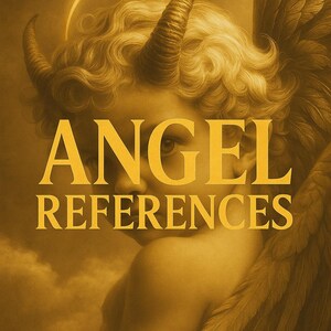 Può includere: Opera d'arte digitale raffigurante una figura cherubica con corna, ali e un'aureola. Il testo "ANGEL REFERENCES" è sovrapposto in oro, su uno sfondo color seppia.