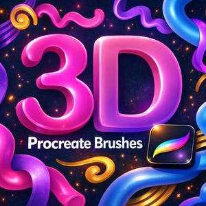 Puede incluir: Un gráfico de arte digital vibrante con el texto "3D Procreate Brushes" en blanco. La imagen presenta formas renderizadas en 3D en rosa, morado, azul y dorado, con un icono de la aplicación Procreate en la esquina inferior derecha.