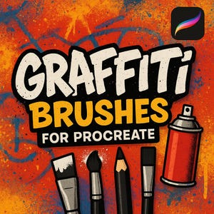 Op de afbeelding: Illustratie met de tekst "GRAFFITI BRUSHES FOR PROCREATE". De afbeelding toont een rode spuitbus en diverse kunstpenselen tegen een levendige graffiti-achtergrond.