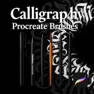 May include: A collection of calligraphy tools, including black pens and a brush with a wooden handle, against a black background. The text "Calligraphy Procreate Brushes" is displayed in white. A Procreate app icon is in the lower right corner.