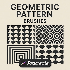 Può includere: Pennelli con motivi geometrici per Procreate. L'immagine mostra quattro motivi geometrici in bianco e nero: triangoli, cerchi, quadrati e semicerchi. Il testo "Geometric Pattern Brushes" è in alto e il logo Procreate in basso.