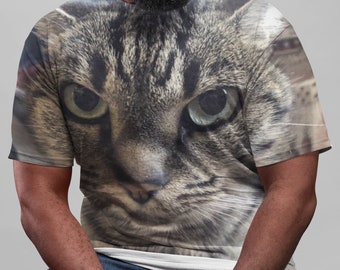 Your cat, dog, pet or person's Face printed all over a T-shirt.  Animal Lover Gift Personalized Custom T Shirt