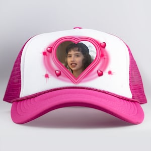 Custom Airbrush Heart Photo Snapback Trucker Hat. For Groom, Bride, Bachelor Party, Bachelorette Party, Birthday, Valentine&#39;s Day