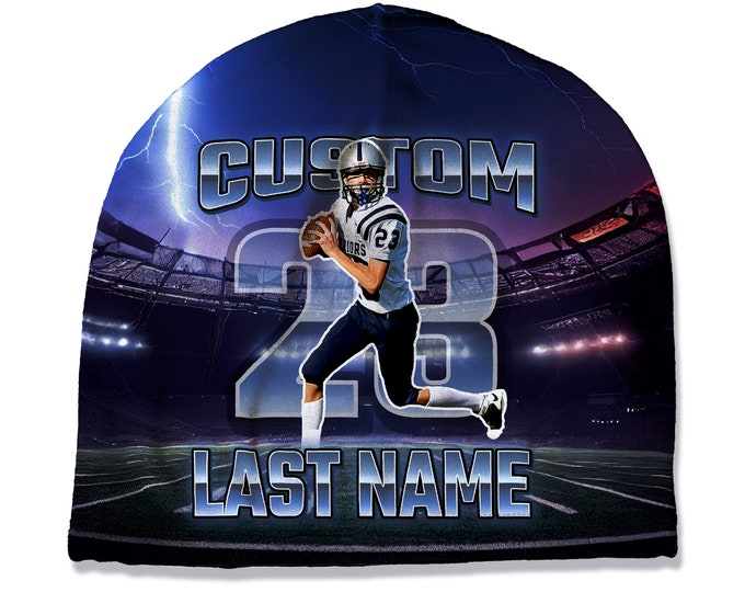 Personalized Football Photo Hat, Beanie customized with your picture, name, player number, team colors or other text