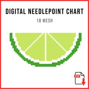 May include: Digital needlepoint chart featuring a pixelated lime wedge in shades of green and yellow. The text "DIGITAL NEEDLEPOINT CHART" and "18 MESH" are displayed above the lime graphic. A PDF icon is in the lower right corner.