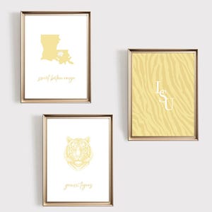 LSU Wall Art Gold Minimalist Design - College Dorm Decor - Geaux Tigers - Baton Rouge - Louisiana State University - Set of 3