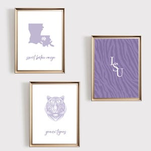 LSU Wall Art Purple Minimalist Design - College Dorm Decor - Geaux Tigers - Baton Rouge - Louisiana State University - Set of 3