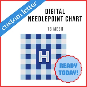Blue and White Gingham Initial Bag Tag Needlepoint Chart - Digital PDF Chart for Needlepoint and Cross Stitch