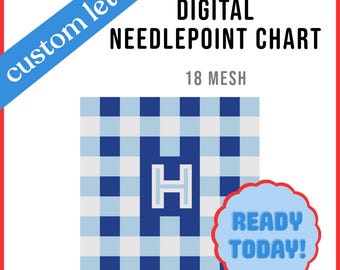 Blue and White Gingham Initial Bag Tag Needlepoint Chart - Digital PDF Chart for Needlepoint and Cross Stitch