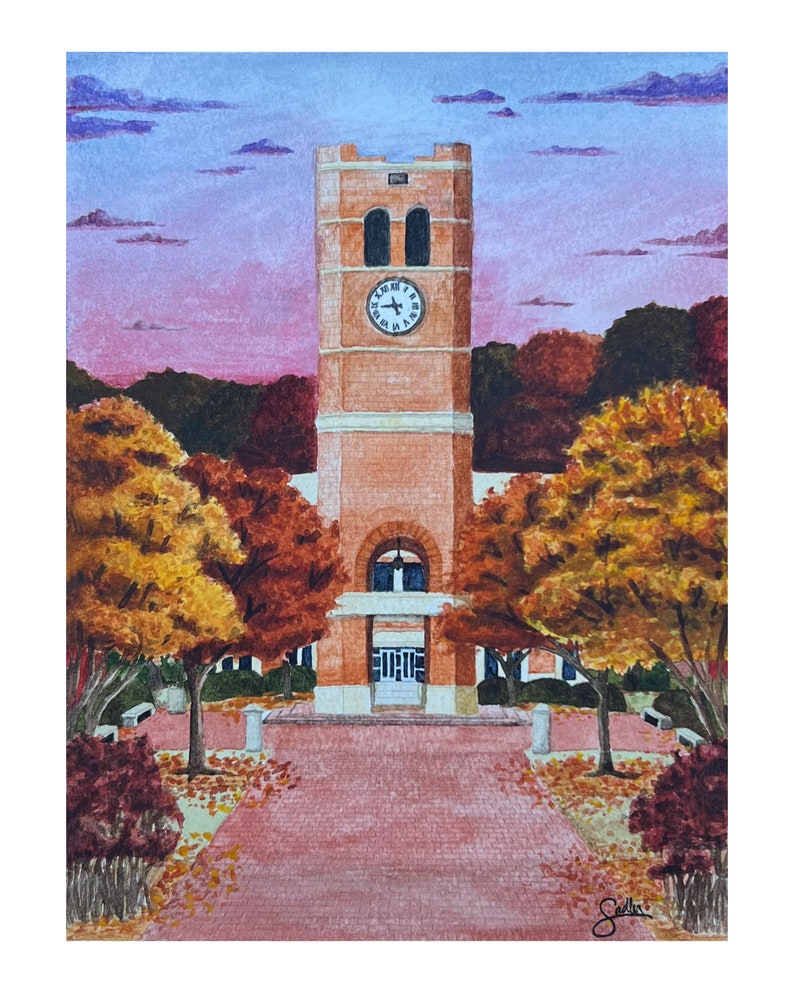 WCU Clocktower Watercolor Print, Western Carolina University Painting ...