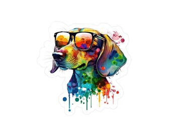 May include: A colorful sticker featuring a dog wearing black sunglasses. The dog's fur is a vibrant mix of rainbow colors, with paint-like drips at the bottom. The sunglasses reflect a landscape scene.
