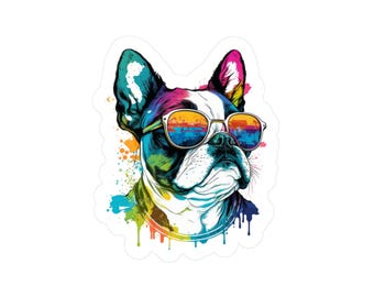 CoolDogs Boston Terrier Vinyl Sticker: Colorful Sunglasses, Pet Lover Gift