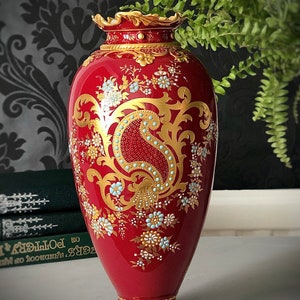 Red Antique Royal Crown Derby Jewelled cabinet vase