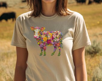 Floral Cow T-Shirt for Women, Cow T Shirt, Cow Lover Shirt, Farming Shirt, Farm Girl Shirt, Cow Lover Gift, Cow Farm Shirt, Country T Shirt