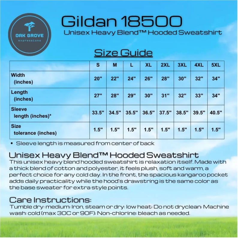 May include: Size chart for a Gildan 18500 Unisex Heavy Blend Hooded Sweatshirt. The chart shows measurements in inches for width, length, sleeve length, and size tolerance for sizes S through 5XL.