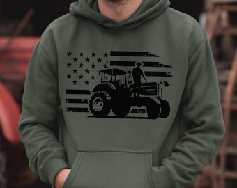 Tractor Hoodie, USA Tractor, Distressed Flag Long-Sleeve Hoodie
