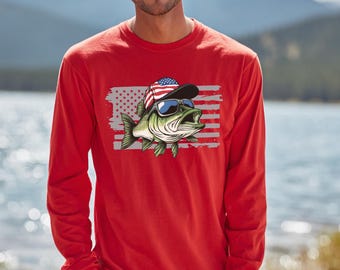 Fishing Shirt, Patriotic Bass Long Sleeve Tee, Funny Fishing Gift, Fishing Gifts, Bass Fishing Shirt