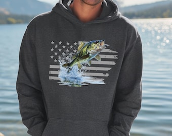 Fishing Hoodie, Largemouth Bass with Distressed Flag Sweatshirt, Fishing Shirt, Fishing Dad, Fishing Mom