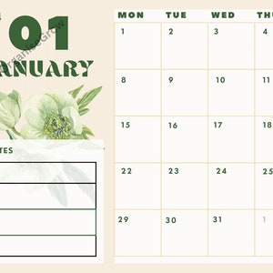 Könnte beinhalten: Ein druckbarer Kalender für Januar 2024 mit einem floralen Design. Der Kalender hat einen Notizbereich und ist mit weißen Blumen und grünen Blättern verziert.