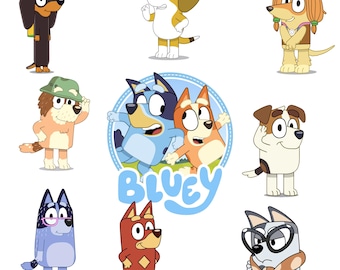 May include: A collection of cartoon dog characters from the animated series "Bluey." The dogs are depicted in various poses and outfits, with distinct colors and accessories. The "Bluey" logo is also featured.