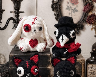 Gothic Halloween Crochet Pattern PDF | Bat, Cat, Bunny, Plague Doctor Plushie Tutorial (Digital Download)