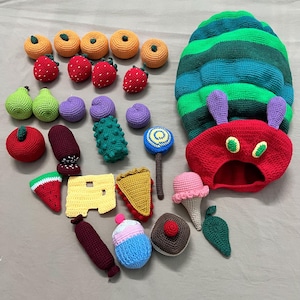 Finished Product: Crochet Hungry Caterpillar Toy Set, Hungry Caterpillar Eating Game Handmade, Hungry Caterpillar Amigurumi, Crochet Toy