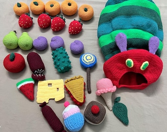 Crochet Hungry Caterpillar Toy Set: Handmade Amigurumi Food Game