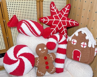 Christmas Pillow Crochet ,Decor Home Xmas Handmade : House,GingerMan,Lolipop,Candy,Snown Flower