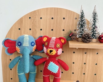 Crochet Red Bear or Blue Elephant Amigurumi: Handmade Cotton Plush Toy