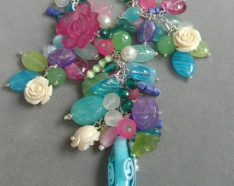 Floral Garden Bib Necklace Flowers Leaves Crystals Wire Wrapped Cluster Necklace Gift for Her Wedding Jewelry