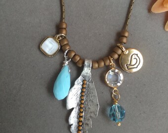 Feather Charm Necklace Bird Charm Blue Quartz Crystal Charns Brass Beading Chain BOHO CHIC